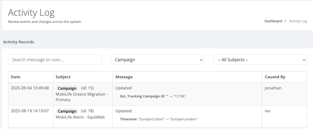 Activity log showing incoming messages and billing events